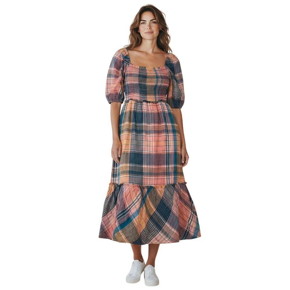 Vineyard Vines Womens Plaid Smocked Puff Sleeve Linen Midi Dress Mallard Blue M - Picture 1 of 12